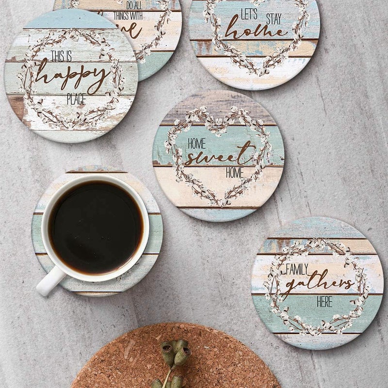 Bribay Coasters for Drinks Set of 6, Farmhouse Wood Home Love Blessed Happy Saying Absorbent Round Ceramic Stone Mat, with Cork Base and Metal Holder, Gift for Housewarming Room Bar Decor - Image 4