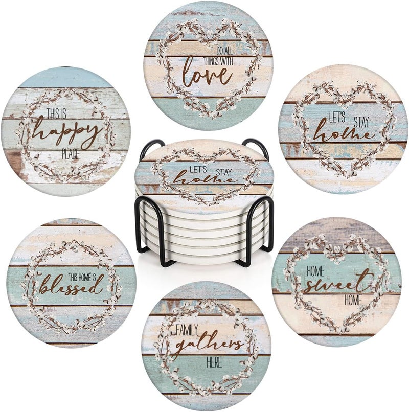 Bribay Coasters for Drinks Set of 6, Farmhouse Wood Home Love Blessed Happy Saying Absorbent Round Ceramic Stone Mat, with Cork Base and Metal Holder, Gift for Housewarming Room Bar Decor - Image 1