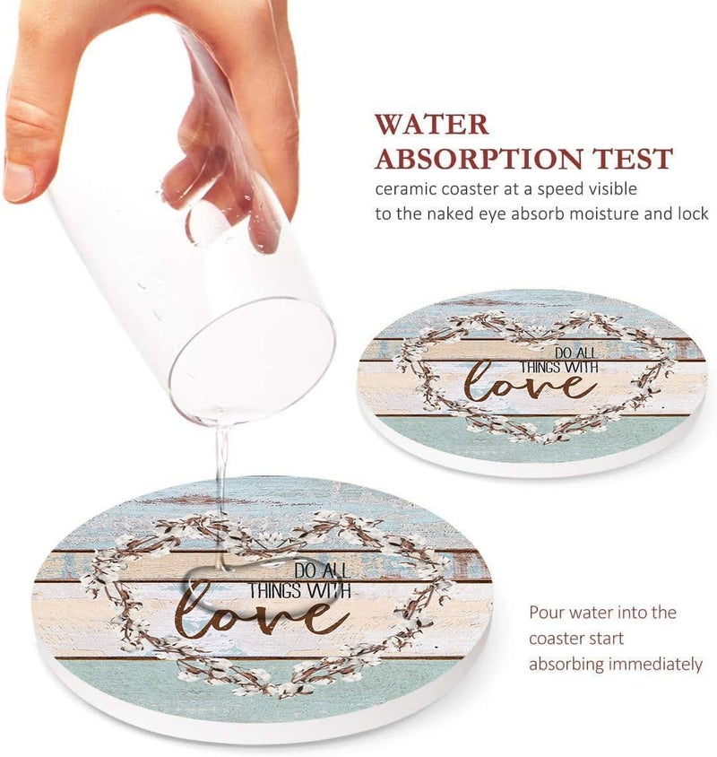 Bribay Coasters for Drinks Set of 6, Farmhouse Wood Home Love Blessed Happy Saying Absorbent Round Ceramic Stone Mat, with Cork Base and Metal Holder, Gift for Housewarming Room Bar Decor - Image 3