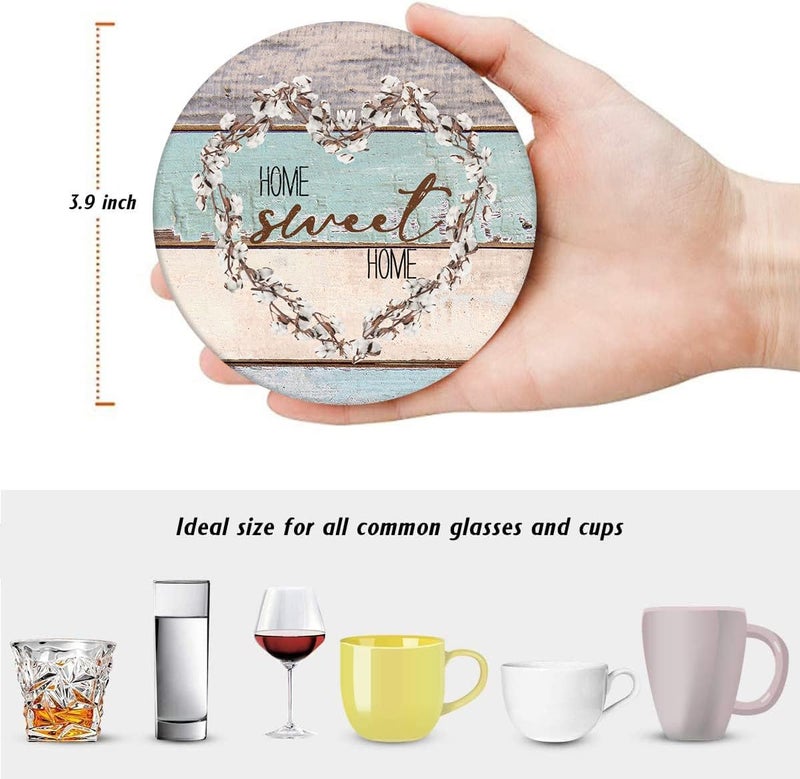 Bribay Coasters for Drinks Set of 6, Farmhouse Wood Home Love Blessed Happy Saying Absorbent Round Ceramic Stone Mat, with Cork Base and Metal Holder, Gift for Housewarming Room Bar Decor - Image 2