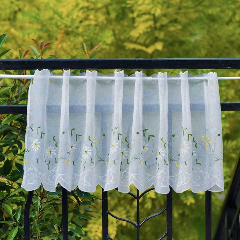 Yurlisa Kfl017 Panel Embroidery Pastoral Style Cafe Curtain Kitchen Curtain Floral Window Valance 18X60 Inch White ?Green Leaves - Image 1