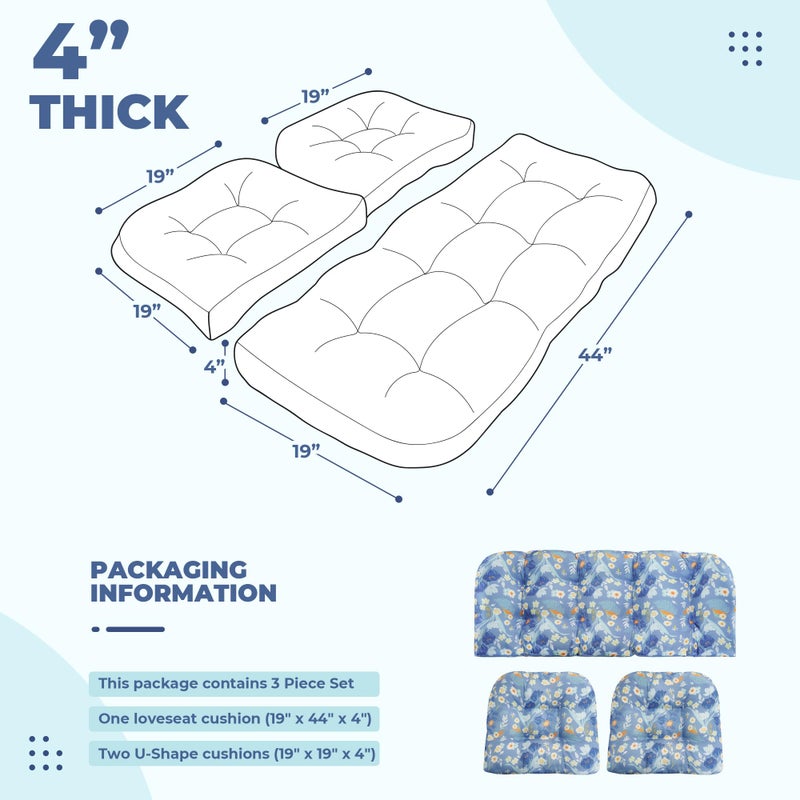 DANGHOOGY Wicker Chair Cushions, Waterproof Outdoor Loveseat Cushions for Patio Furniture, Tufted Wicker Furniture Cushions, 1 Loveseat and 2 U-Shaped Cushions (Blue Floral) - Image 2
