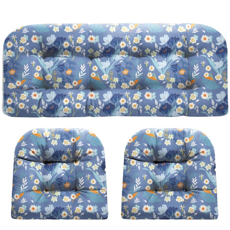 DANGHOOGY Wicker Chair Cushions, Waterproof Outdoor Loveseat Cushions for Patio Furniture, Tufted Wicker Furniture Cushions, 1 Loveseat and 2 U-Shaped Cushions (Blue Floral) - Image 1