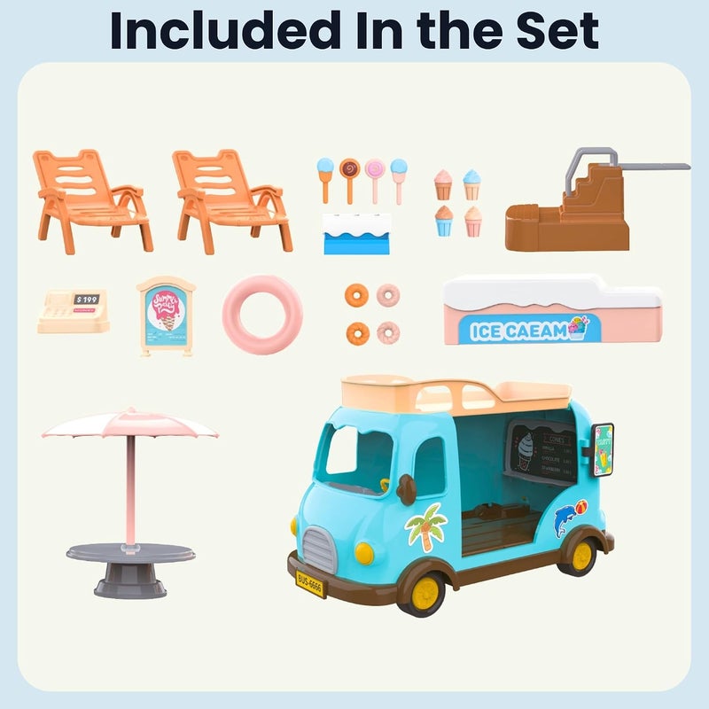 OLEOCA Family Ice Cream Beach Bus Dollhouse Playset with Furniture and Accessories Included - Image 3