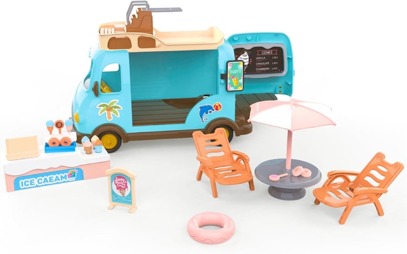 OLEOCA Family Ice Cream Beach Bus Dollhouse Playset with Furniture and Accessories Included - Image 1