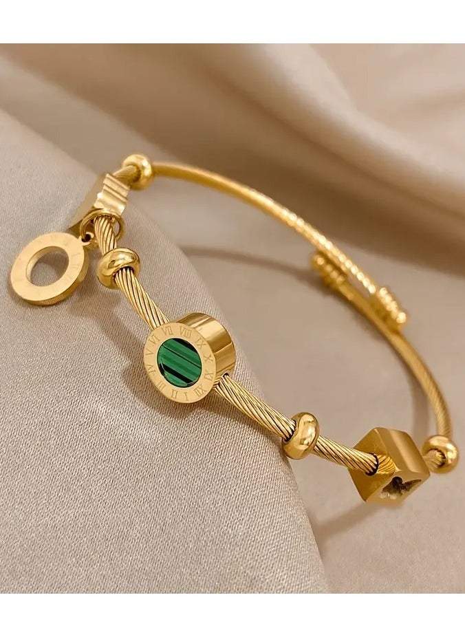 Goolsky - 1pc Retro Punk Style Stainless Steel Adjustable Bangle, Golden Color With Elegant Green Stone & Roman Numerals, Trendy Party Daily Wear, Ideal Valentine's Day & Christmas Jewelry Gift For Women - Image 1