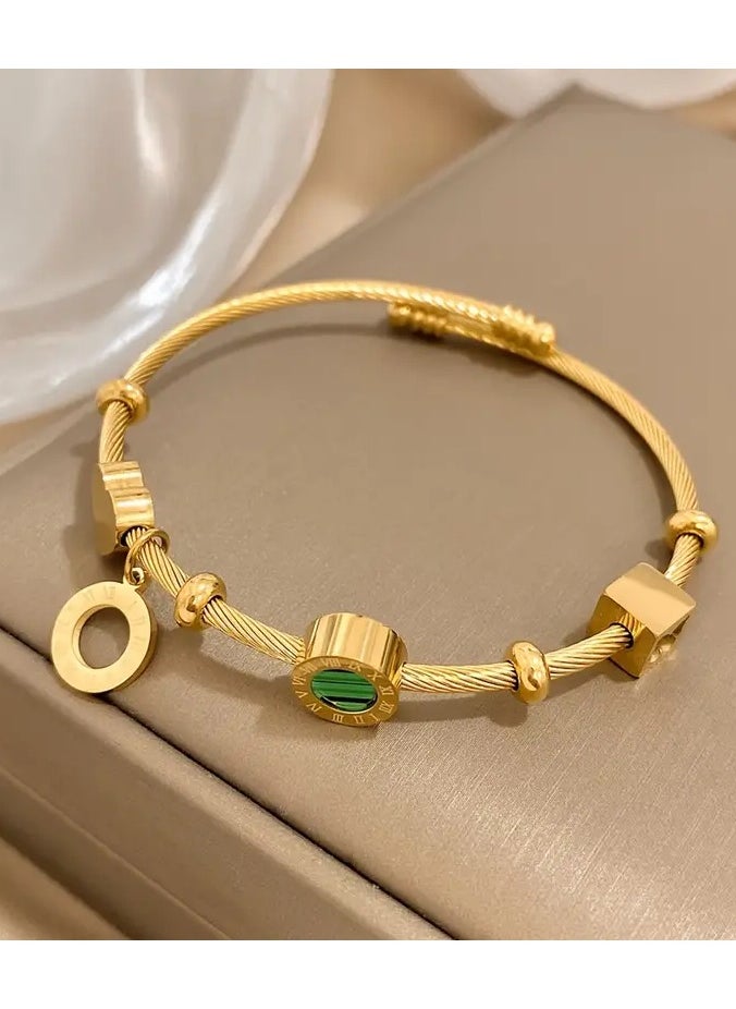 Goolsky - 1pc Retro Punk Style Stainless Steel Adjustable Bangle, Golden Color With Elegant Green Stone & Roman Numerals, Trendy Party Daily Wear, Ideal Valentine's Day & Christmas Jewelry Gift For Women - Image 1