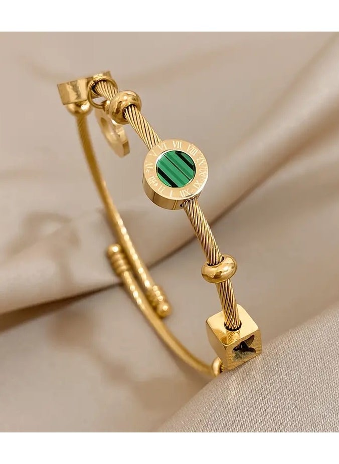 Goolsky - 1pc Retro Punk Style Stainless Steel Adjustable Bangle, Golden Color With Elegant Green Stone & Roman Numerals, Trendy Party Daily Wear, Ideal Valentine's Day & Christmas Jewelry Gift For Women - Image 1