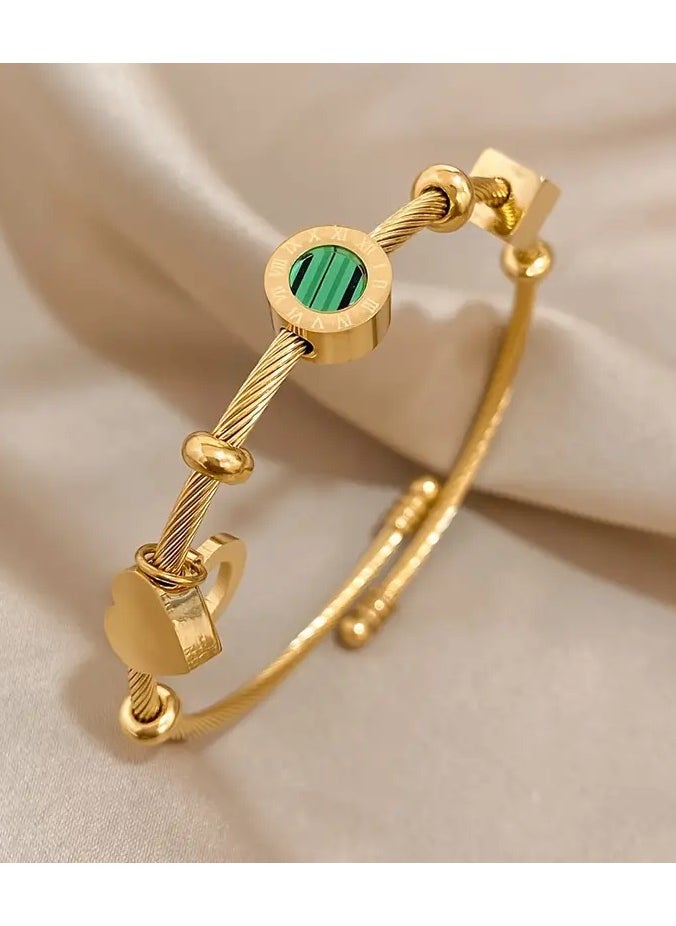 Goolsky - 1pc Retro Punk Style Stainless Steel Adjustable Bangle, Golden Color With Elegant Green Stone & Roman Numerals, Trendy Party Daily Wear, Ideal Valentine's Day & Christmas Jewelry Gift For Women - Image 1