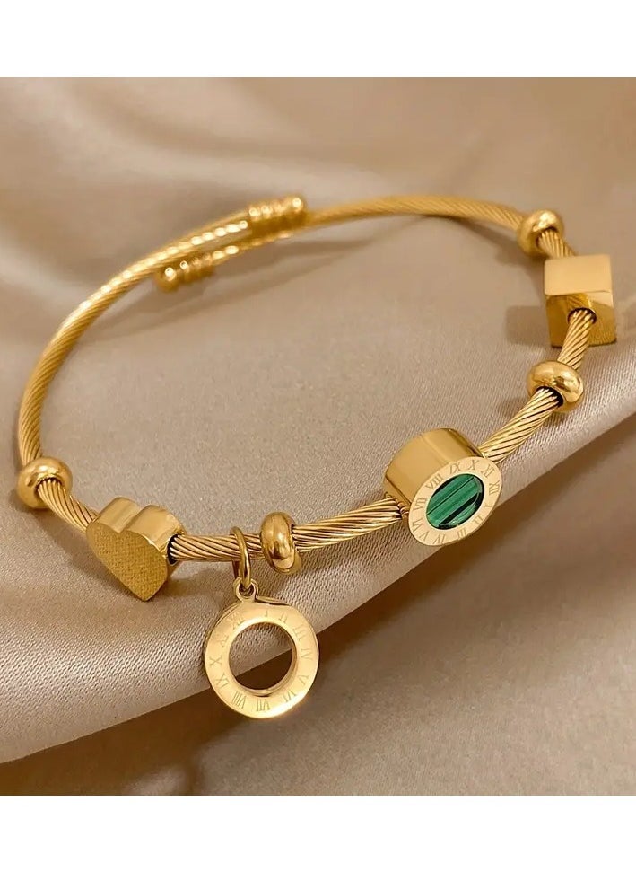 Goolsky - 1pc Retro Punk Style Stainless Steel Adjustable Bangle, Golden Color With Elegant Green Stone & Roman Numerals, Trendy Party Daily Wear, Ideal Valentine's Day & Christmas Jewelry Gift For Women - Image 1