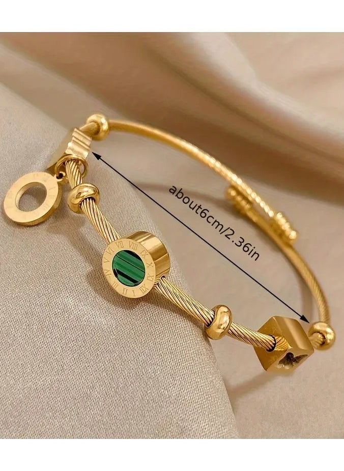 Goolsky - 1pc Retro Punk Style Stainless Steel Adjustable Bangle, Golden Color With Elegant Green Stone & Roman Numerals, Trendy Party Daily Wear, Ideal Valentine's Day & Christmas Jewelry Gift For Women - Image 1