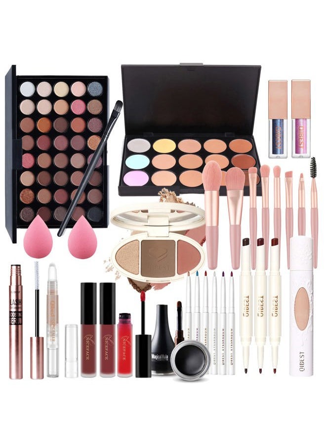 Pure Vie - All-in-One Holiday Gift Surprise Makeup Set Essential Starter Bundle Include Eyeshadow Palette Lipstick Concealer Blush Mascara Eyeliner Face Powder Lipgloss Brush - Full Makeup Kit for Women - Image 1