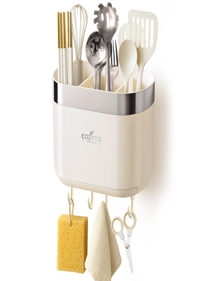 منظم مطبخ COZYTO LuxTray U1-Pro - مثبت على الحائط مع خطافات وفواصل وصينية تصريف، لاصق بدون حفر، خالٍ من مادة BPA - أبيض كريمي مع لمسة ذهبية وردية أو فضية (أبيض كريمي وفضي لامع) - Image 1