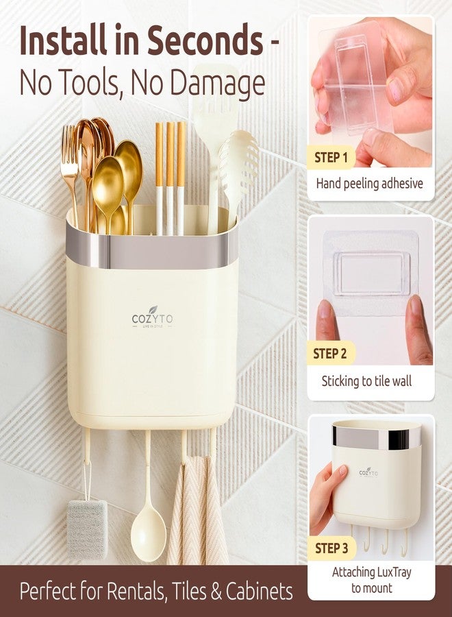 منظم مطبخ COZYTO LuxTray U1-Pro - مثبت على الحائط مع خطافات وفواصل وصينية تصريف، لاصق بدون حفر، خالٍ من مادة BPA - أبيض كريمي مع لمسة ذهبية وردية أو فضية (أبيض كريمي وفضي لامع) - Image 4