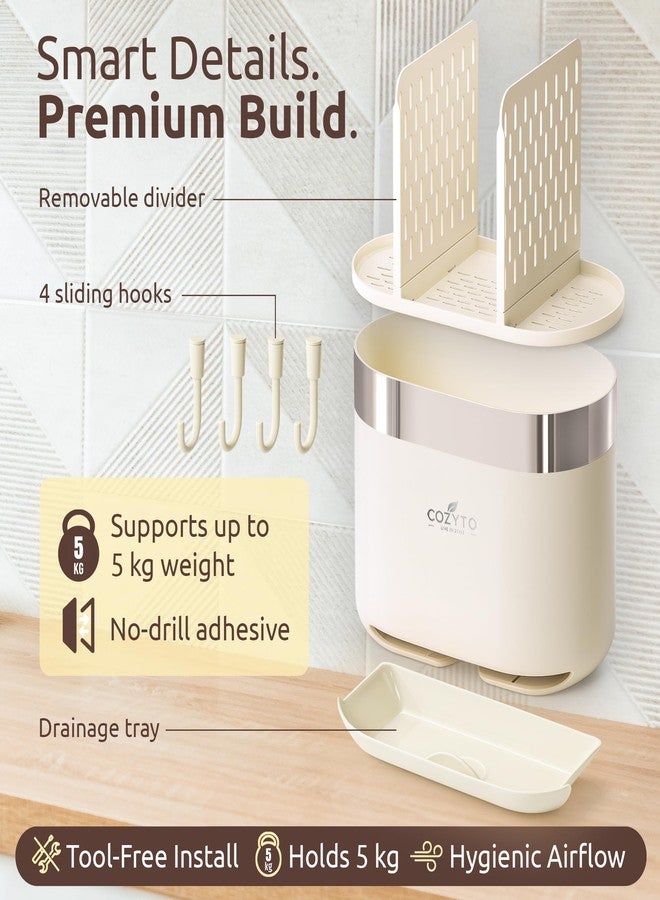 منظم مطبخ COZYTO LuxTray U1-Pro - مثبت على الحائط مع خطافات وفواصل وصينية تصريف، لاصق بدون حفر، خالٍ من مادة BPA - أبيض كريمي مع لمسة ذهبية وردية أو فضية (أبيض كريمي وفضي لامع) - Image 3