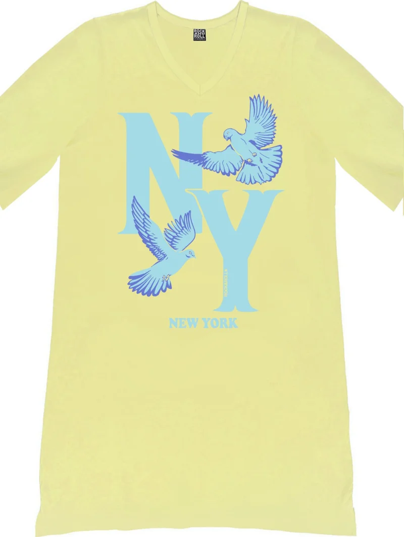 روك اند رول Ny Pigeons Light Yellow V Neck Half Sleeve Knee Length Comfortable Home Dress Nightgown