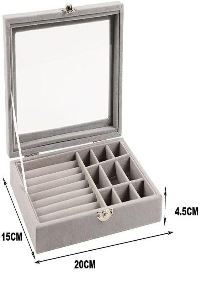 PREPSTO Women's Velvet Glass Ring Earrings Jewelry Box - Display Storage Showcase Holder Organizer (Small 9 Grid 9 Rows-Grey) - Image 3
