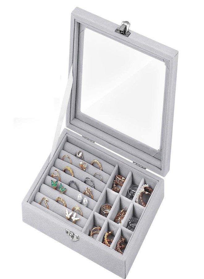 PREPSTO Women's Velvet Glass Ring Earrings Jewelry Box - Display Storage Showcase Holder Organizer (Small 9 Grid 9 Rows-Grey) - Image 1