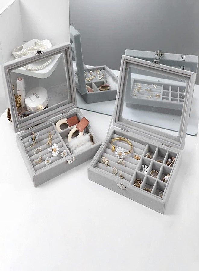 PREPSTO Women's Velvet Glass Ring Earrings Jewelry Box - Display Storage Showcase Holder Organizer (Small 9 Grid 9 Rows-Grey) - Image 2