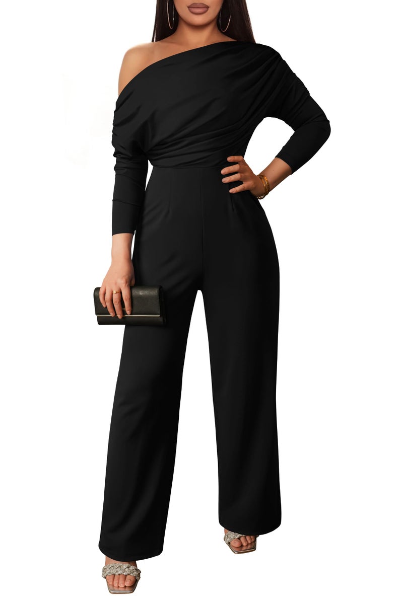 YMDUCH Women's Fall Elegant Long Sleeve Off Shoulder Wide Leg Long Pant Jumpsuits Black - Image 1