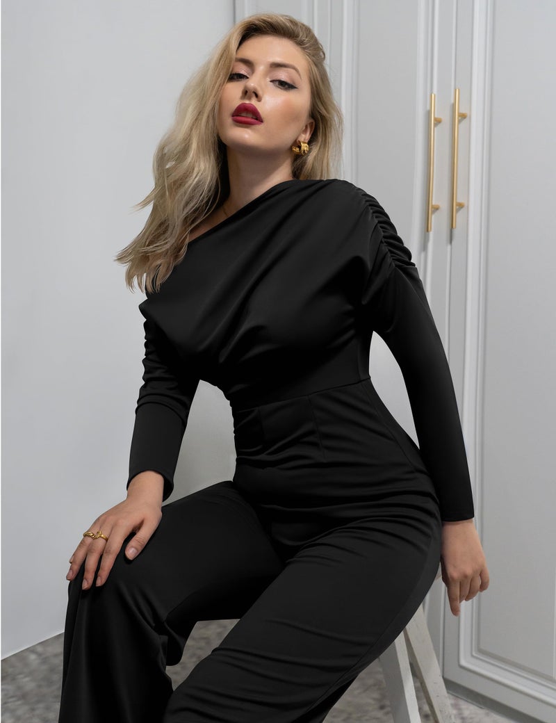 YMDUCH Women's Fall Elegant Long Sleeve Off Shoulder Wide Leg Long Pant Jumpsuits Black - Image 4