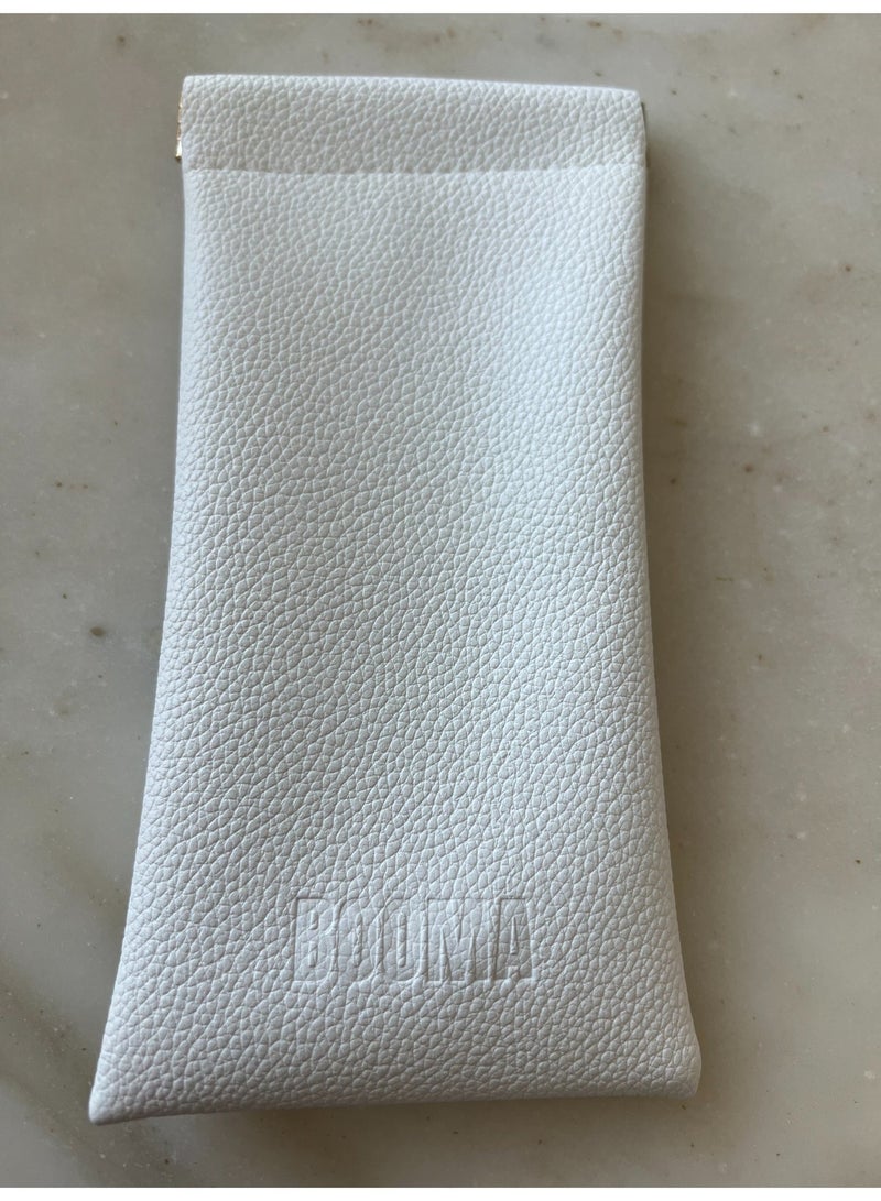 Booma Opticals PREMIUM High-End Soft Glasses Case, I-Piece High Quality  Soft Leather feel, Gold metal squeeze pop opening. Sunglasses Bag for Men & Women: Elegant Beige, Embossed Booma logo, Useful as Glasses pouch or Storage of personal items & Travel. 3 Classy colors: Beige, Black. or White. - Image 4