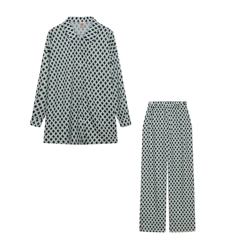 2024 cross-border version of street hipster printed pants suit long sleeve full print shoulder shirt suit diamond print - Image 1