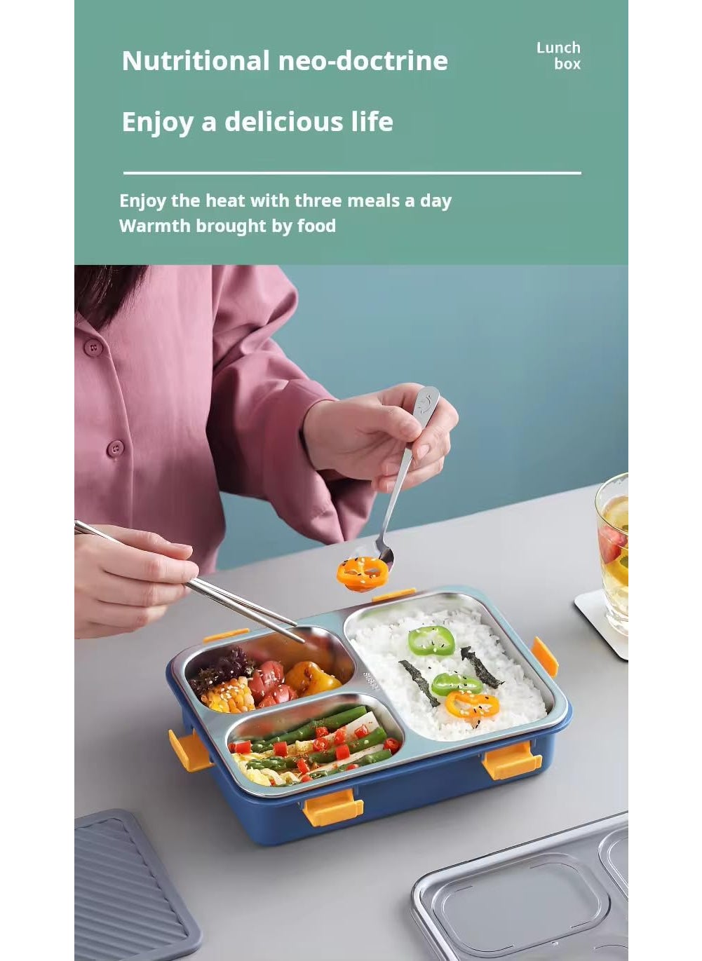 Clazkit Clazkit 3 Compartment Stainless Steel Lunch Box Leakage Proof Lunch Box for School Kids and Adults Pack of 1 Blue750ML  - Image 3