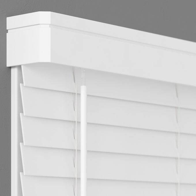 2 INCH CORDLESS FAUX WOOD BLIND WITH CONTEMPORARY VALANCE 23 W X 64 L WHITE OVER 900 CUSTOM SIZES STARTING AT 1997 SMOOTH ROOM DARKENING SLATS FOR INTERIOR WINDOWS BY