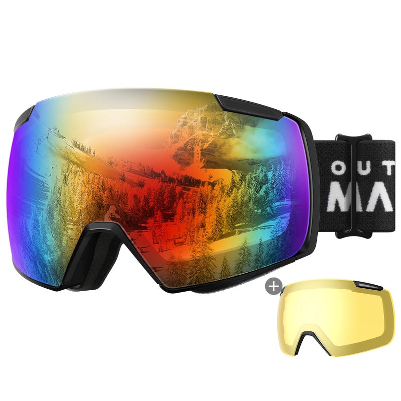 OutdoorMaster Heron Ski Goggles with 2 Lens, Frameless, Magnetic Interchangeable HD Toric Lens, OTG Snowboard Goggles(BlackFrame RevoColorful Vlt 15% + YellowLens) - Image 1