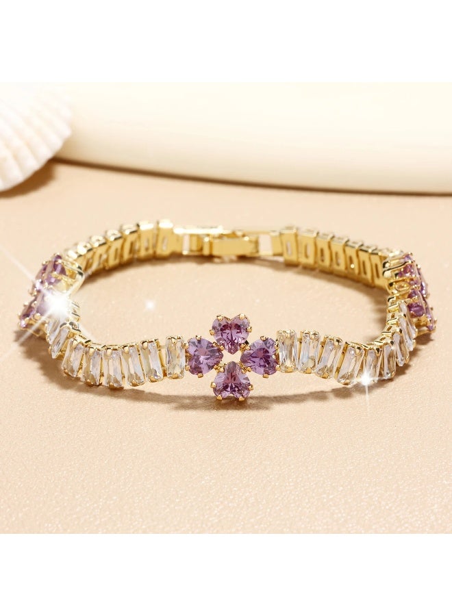 Goolsky سوار تنس أنيق على شكل قلب للنساء مع أحجار زيركونيا بنفسجية، تصميم فاخر بلون ذهبي - مثالي لعيد الحب وهدايا الذكرى السنوية، سوار الذكرى السنوية | سوار تنس فاخر | مجوهرات متلألئة - Image 3