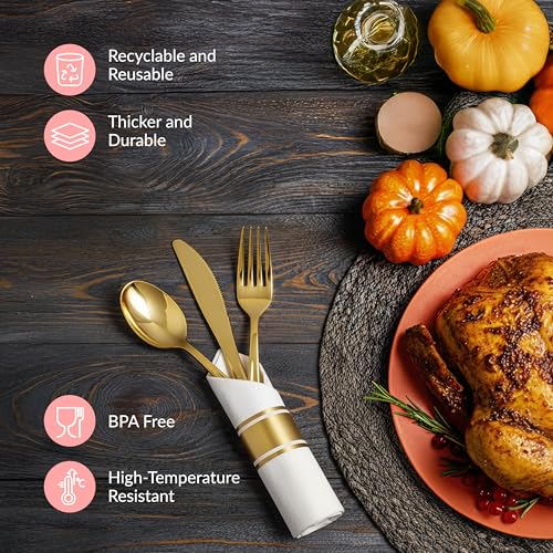 Prestee 200 Pieces Pre Rolled Gold Plastic Silverware Set for 50 Guests - Premium Disposable Silverware Set with Napkins - Wrapped Utensils with Forks, Knives, Spoons, Napkins for Weddings and Events - Image 5