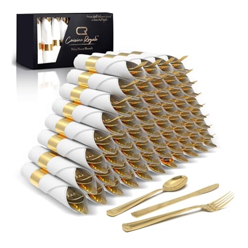 Prestee 200 Pieces Pre Rolled Gold Plastic Silverware Set for 50 Guests - Premium Disposable Silverware Set with Napkins - Wrapped Utensils with Forks, Knives, Spoons, Napkins for Weddings and Events - Image 1
