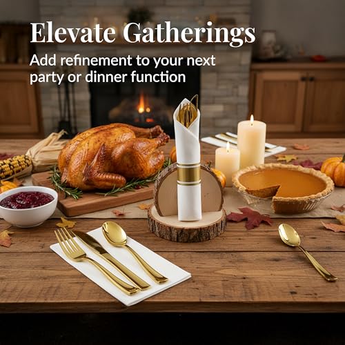 Prestee 200 Pieces Pre Rolled Gold Plastic Silverware Set for 50 Guests - Premium Disposable Silverware Set with Napkins - Wrapped Utensils with Forks, Knives, Spoons, Napkins for Weddings and Events - Image 2