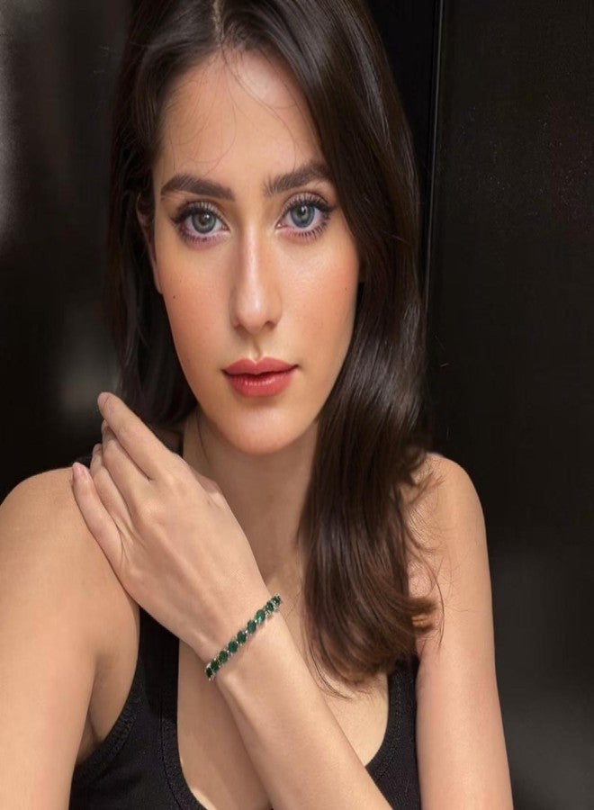 RIZILIA Round Cut Simulated Green Emerald CZ 18K Gold Plated Tennis Bracelet, 7" - Image 4