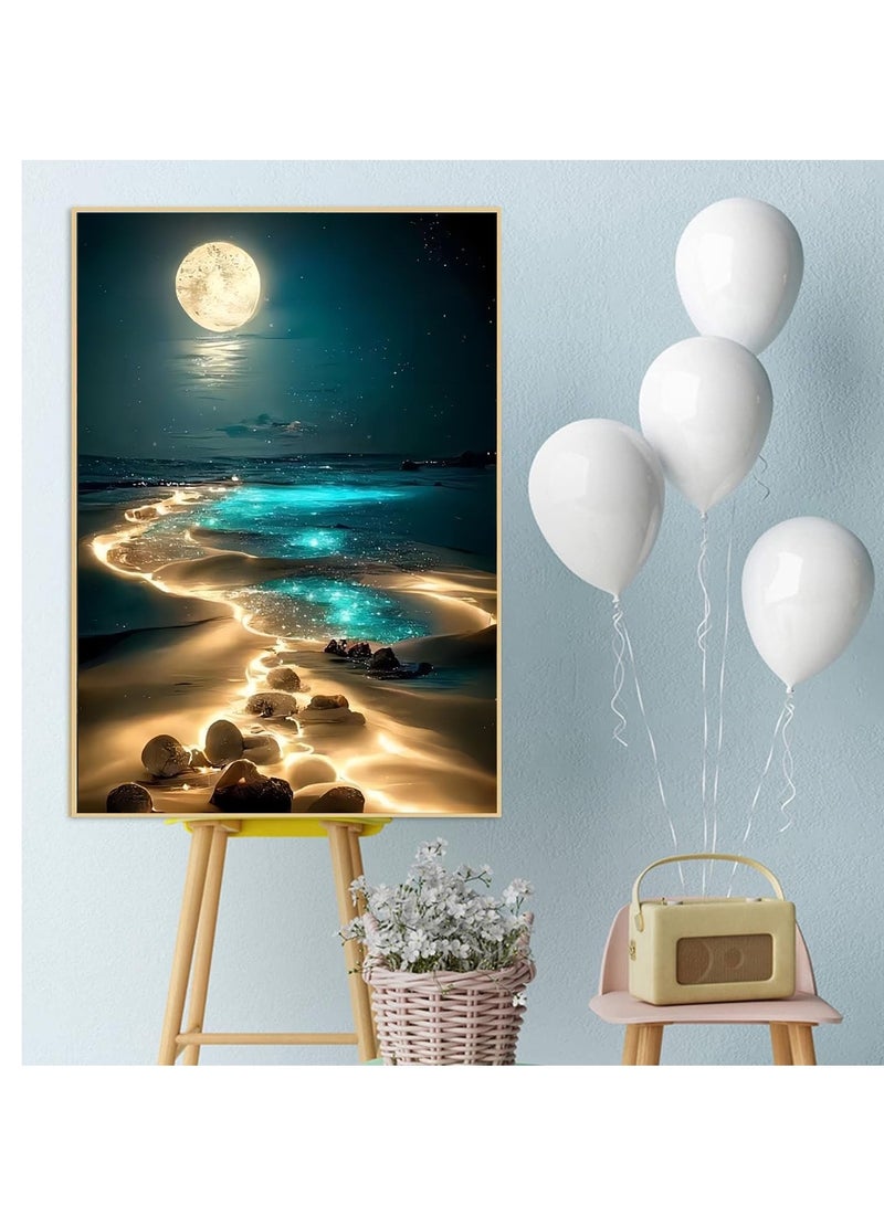 SOLARAE Moon Diamond Painting Kits, Diamond Art Painting Kits for Adults, Moon Beach Diamond Kits, Full Drill Rhinestone Diamond Embroidery Craft Kits, Home Wall Decor Art DIY Inch12X16 (Without Frame) - Image 2