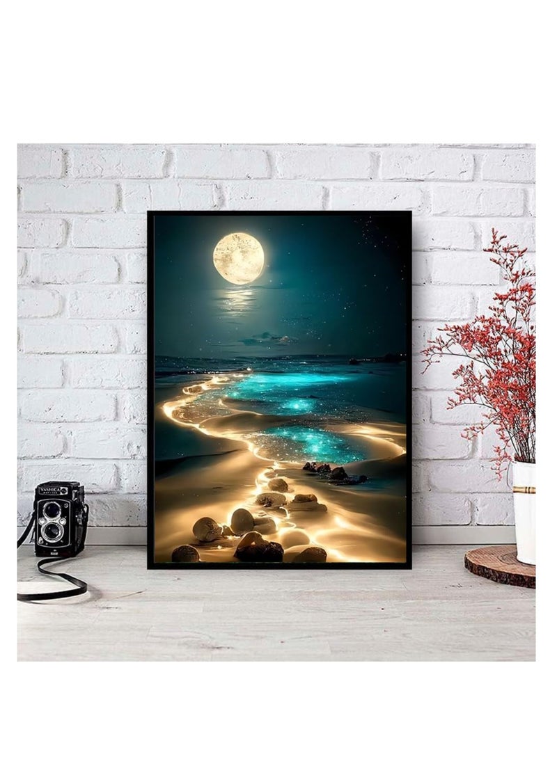 SOLARAE Moon Diamond Painting Kits, Diamond Art Painting Kits for Adults, Moon Beach Diamond Kits, Full Drill Rhinestone Diamond Embroidery Craft Kits, Home Wall Decor Art DIY Inch12X16 (Without Frame) - Image 3