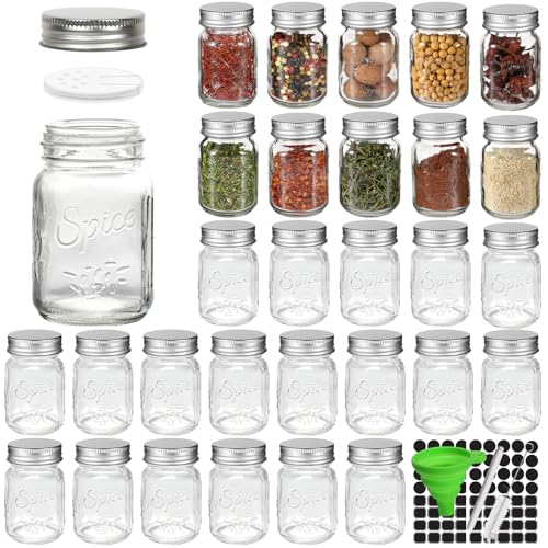 CycleMore 30 Pack 4oz Glass Mason Spice Jars Round Spice Containers with Silver Metal Caps and PourSift Shaker Lids80pcs Labels1 Silicone Collapsible Funnel1 Brush and 1pcs Pen Included - Image 1