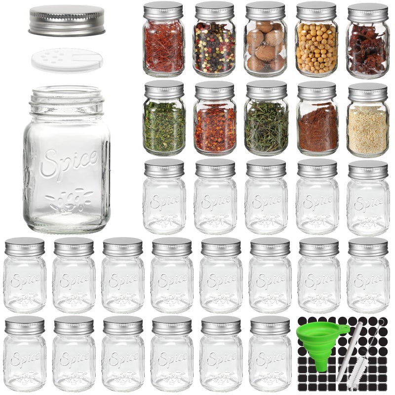 CycleMore 30 Pack 4oz Glass Mason Spice Jars Round Spice Containers with Silver Metal Caps and PourSift Shaker Lids80pcs Labels1 Silicone Collapsible Funnel1 Brush and 1pcs Pen Included - Image 2