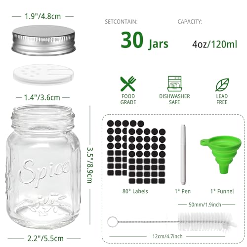 CycleMore 30 Pack 4oz Glass Mason Spice Jars Round Spice Containers with Silver Metal Caps and PourSift Shaker Lids80pcs Labels1 Silicone Collapsible Funnel1 Brush and 1pcs Pen Included - Image 3