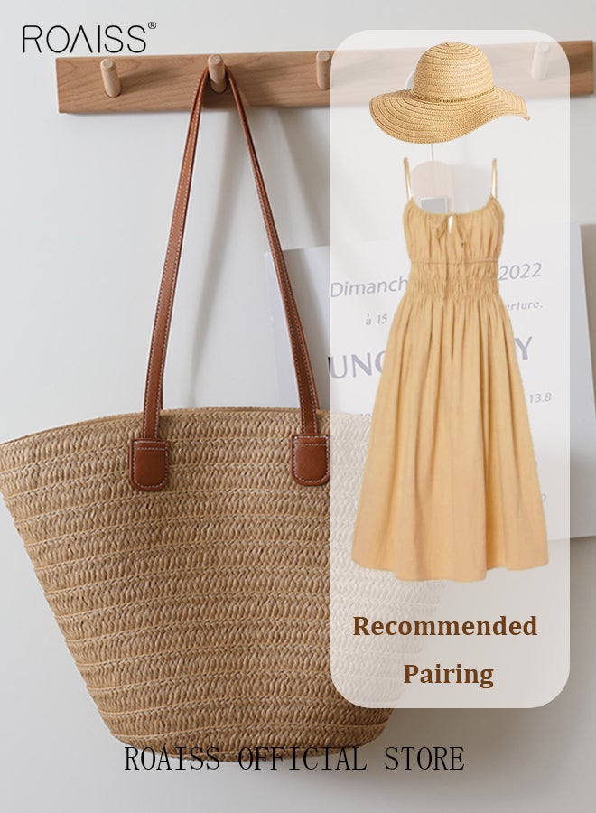 حقيبة كتف نسائية محبوكة من القش الرطب مناسبة للاستخدام في فصل الصيف والسفر ومزودة بحزام عابر للجسم وتتميز بالأناقة والطابع الكلاسيكي ومناسبة للاستخدام اليومي وتحتوي على سحاب لإغلاق الحقيبة