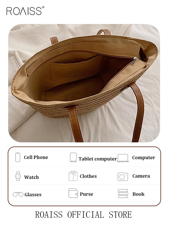 حقيبة كتف نسائية محبوكة من القش الرطب مناسبة للاستخدام في فصل الصيف والسفر ومزودة بحزام عابر للجسم وتتميز بالأناقة والطابع الكلاسيكي ومناسبة للاستخدام اليومي وتحتوي على سحاب لإغلاق الحقيبة