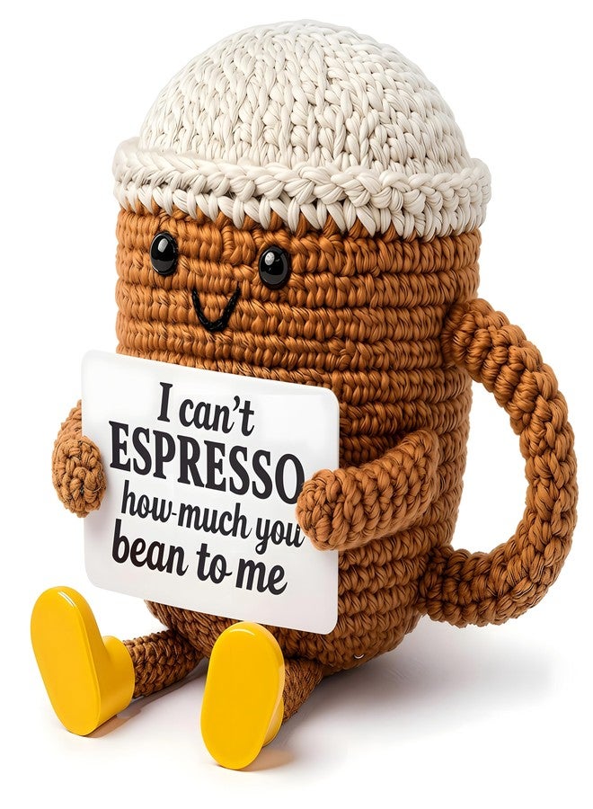 ESPETIO Birthday Gifts for Women,Cute Coffee Mug Desk Decor,Positive Espresso Emotional Crochet Handmade, Funny Happy Christmas Dolls for Women Men Girls Coffee Lover Gifts - Image 1
