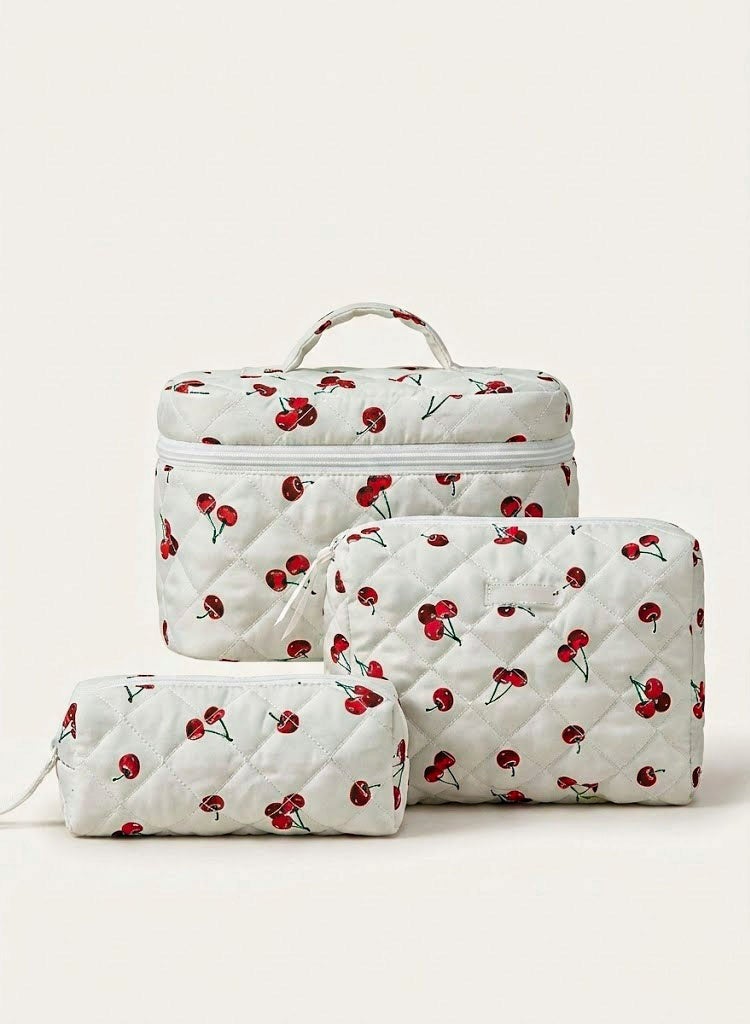 TRENZ 3-Piece Makeup Bag Set – Cherry Print Padded Cosmetic Pouches, Travel Toiletry Organizer - Image 1