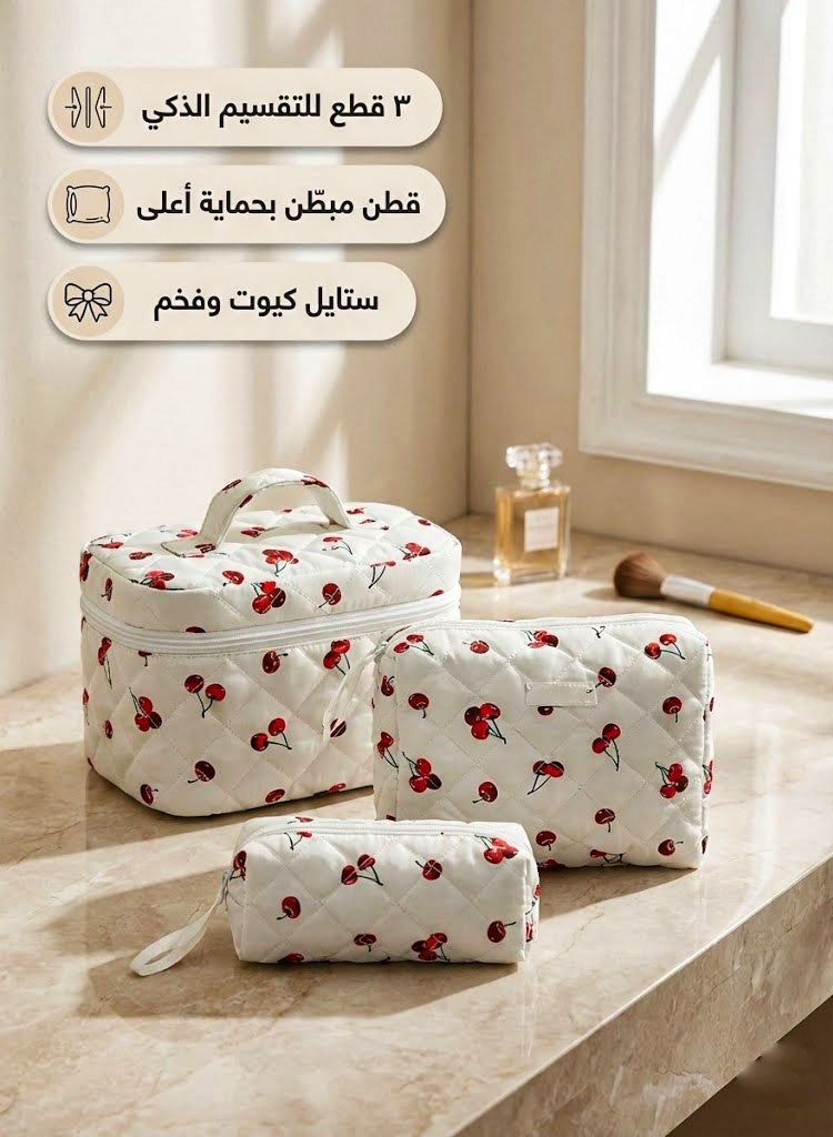 TRENZ 3-Piece Makeup Bag Set – Cherry Print Padded Cosmetic Pouches, Travel Toiletry Organizer - Image 2