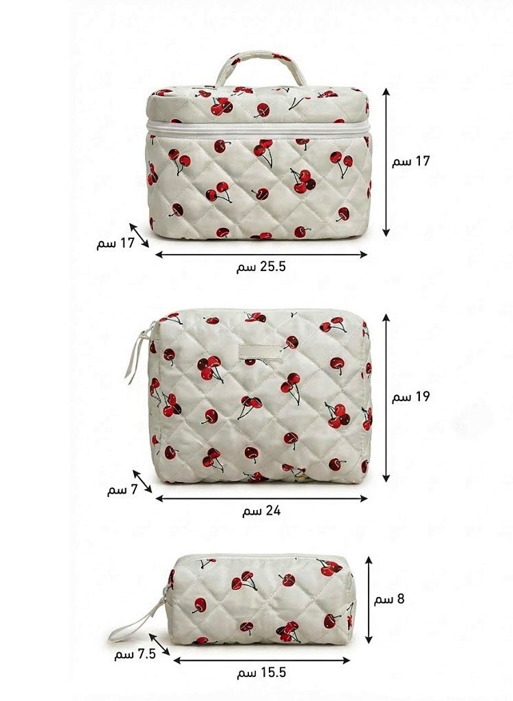 TRENZ 3-Piece Makeup Bag Set – Cherry Print Padded Cosmetic Pouches, Travel Toiletry Organizer - Image 4