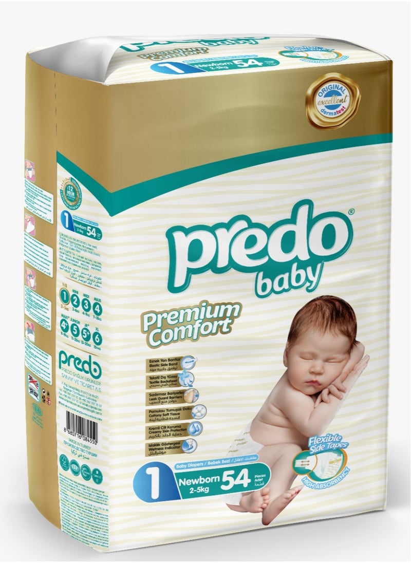 PREDO BABY Predo Baby Diaper, Premium Comfort ,New Born Size-1 (2-5 Kg), 54 count  - Image 1