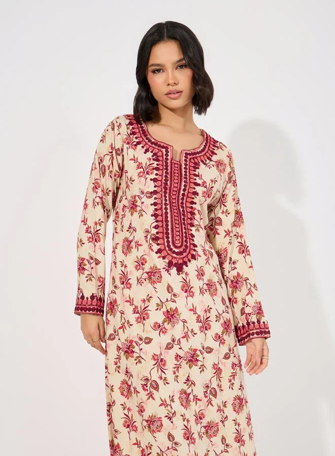 Maxim Creation Floral Print Rayon Mukhawar Jalabiya with Handwork by Styli