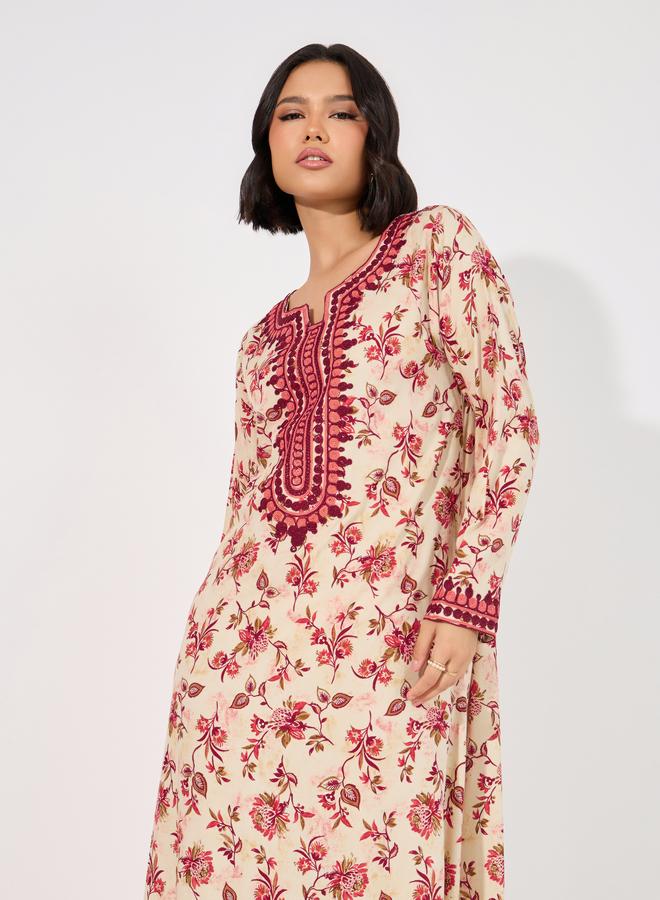 Take Two Floral Print Rayon Mukhawar Jalabiya with Handwork - Image 2
