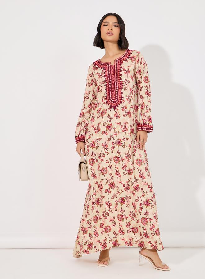 Take Two Floral Print Rayon Mukhawar Jalabiya with Handwork - Image 1